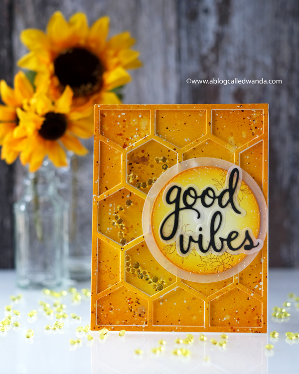 Pinkfresh Studio new release blog hop. Hexagon stamps and dies. Sentiment phrases. Vellum, Honeycomb card, Distress Ink blending, shaker card ideas, wanda guess