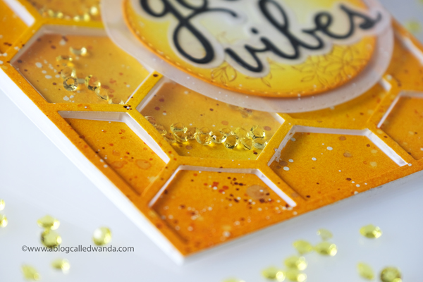 Pinkfresh Studio new release blog hop. Hexagon stamps and dies. Sentiment phrases. Vellum, Honeycomb card, Distress Ink blending, shaker card ideas, wanda guess