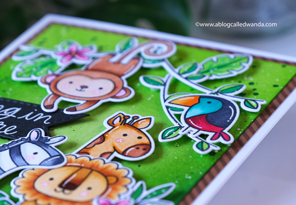 Pretty Pink Posh June 2020 new release blog hop. Jungle themed stamps and dies. Jungle Friends stamp set, Monkey Friends stamp set, Tropical Toucans stamp set, Animal Signs stamp set, Hibiscus Flowers stamp set, Copics, Distress ink blending backgrounds. Wanda Guess