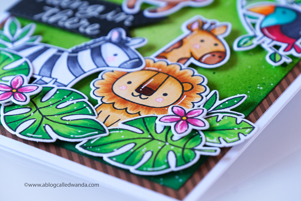 Pretty Pink Posh June 2020 new release blog hop. Jungle themed stamps and dies. Jungle Friends stamp set, Monkey Friends stamp set, Tropical Toucans stamp set, Animal Signs stamp set, Hibiscus Flowers stamp set, Copics, Distress ink blending backgrounds. Wanda Guess