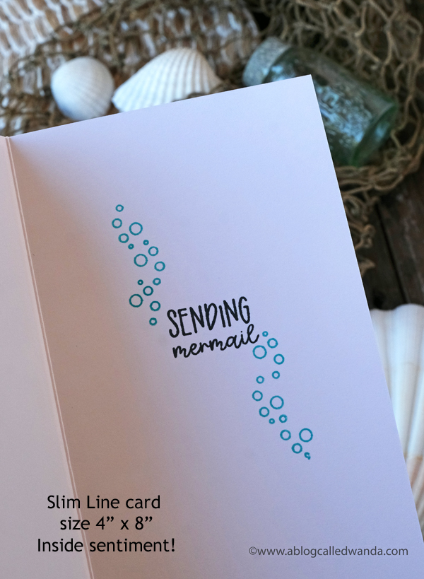 Waffle Flower Mermaid Mail stamp set, Waffle Flower Under the Sea Sentiments, Waffle Flower Sea Birthday, clear enamel dots, distress ink blending, ocean theme card, Mermaid Card, Slimline card, Wanda Guess