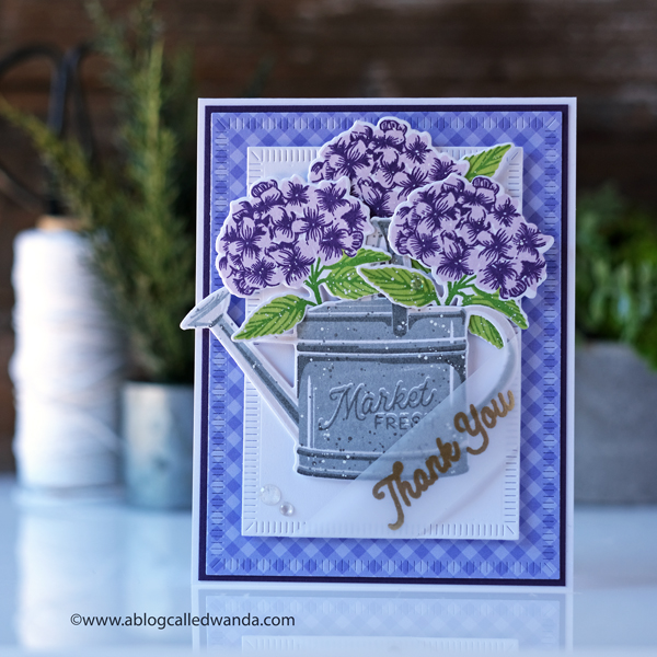 The Greetery new release destination summer july 2020. Budding Beauties Summer stamp set, Sprinkled with Kindness stamps and dies, Petite Eucalyptus stamp set and dies. Gingham paper. Card layouts flowers. Wanda Guess. Hydrangea card with watering can stamps and dies.