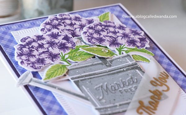 The Greetery new release destination summer july 2020. Budding Beauties Summer stamp set, Sprinkled with Kindness stamps and dies, Petite Eucalyptus stamp set and dies. Gingham paper. Card layouts flowers. Wanda Guess. Hydrangea card with watering can stamps and dies.