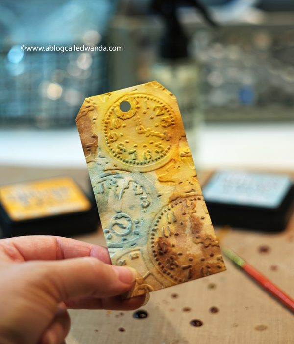 Tim Holtz, Sizzix, Ideaology, Stampers Anonymous, Speckled Egg Distress Ink, TIm Holtz Techniques. Butterfly card. Butterfly dies, Tropical Thinlets, Glorious Bouquet stamps. Distress Ink vintage card. Wanda Guess