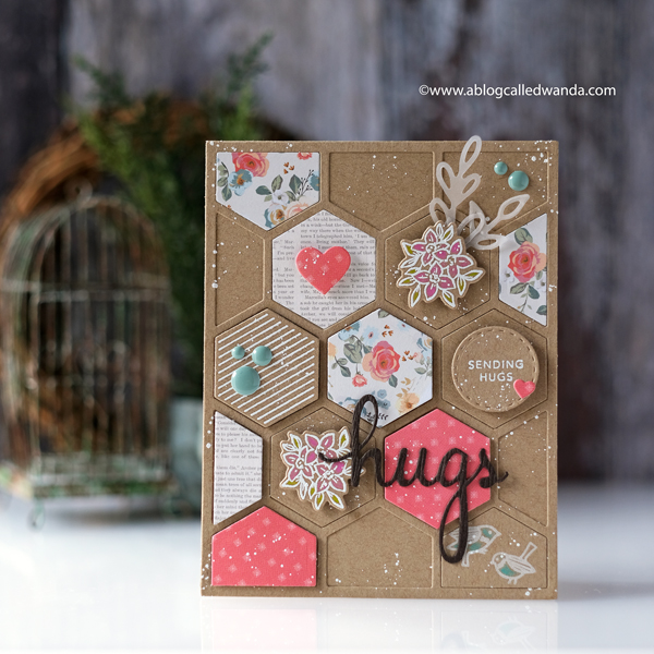 Pinkfresh Studio new release blog hop. Hexagon stamps and dies. Kraft cardstock ideas. My Minds Eye Gingham Gardens paper, heat embossing, hugs card. Card ideas, Hexagons. Stamping and die cutting. Wanda Guess