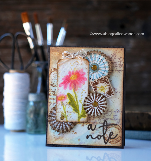 The Greetery Inspiration Friday. The Greetery Design Team. Distress Inks. Vintage theme card with stamps and dies. Watercolor with distress ink. The Greetery Oopsie Daisy, The Greetery Pretty Postmarks, The Greetery Pinwheel Party, The Greetery Speed Tagging. Wanda Guess Card layout ideas