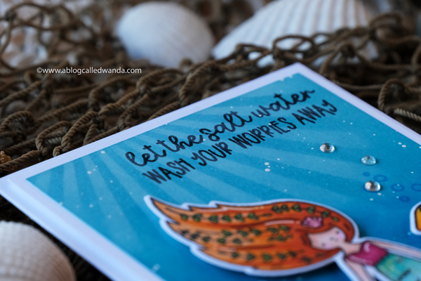 Waffle Flower Mermaid Mail stamp set, Waffle Flower Under the Sea Sentiments, Waffle Flower Sea Birthday, clear enamel dots, distress ink blending, ocean theme card, Mermaid Card, Slimline card, Wanda Guess