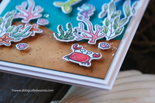 Waffle Flower Mermaid Mail stamp set, Waffle Flower Under the Sea Sentiments, Waffle Flower Sea Birthday, clear enamel dots, distress ink blending, ocean theme card, Mermaid Card, Slimline card, Wanda Guess