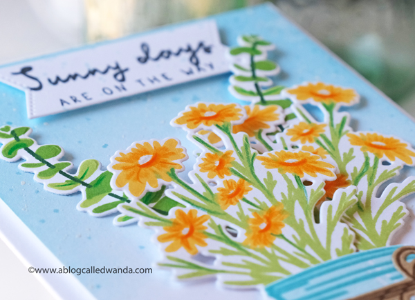 The Greetery new release destination summer july 2020. Budding Beauties Summer stamp set, Sprinkled with Kindness stamps and dies, Petite Eucalyptus stamp set and dies. Mason jar stamp set from the Greetery. Slimline card. Distress ink background. Card layouts flowers. Wanda Guess