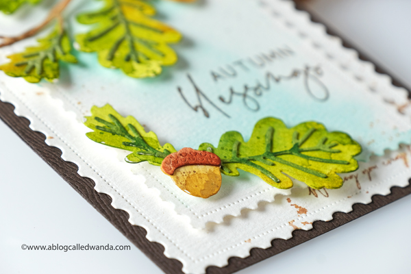 The Greetery new release fall 2020. Gathered Blessings Release. Might Oak Botanicuts, Fall card ideas, Postage stamp dies, pretty postmarks, Mijello water colors, autumn card ideas, wanda guess