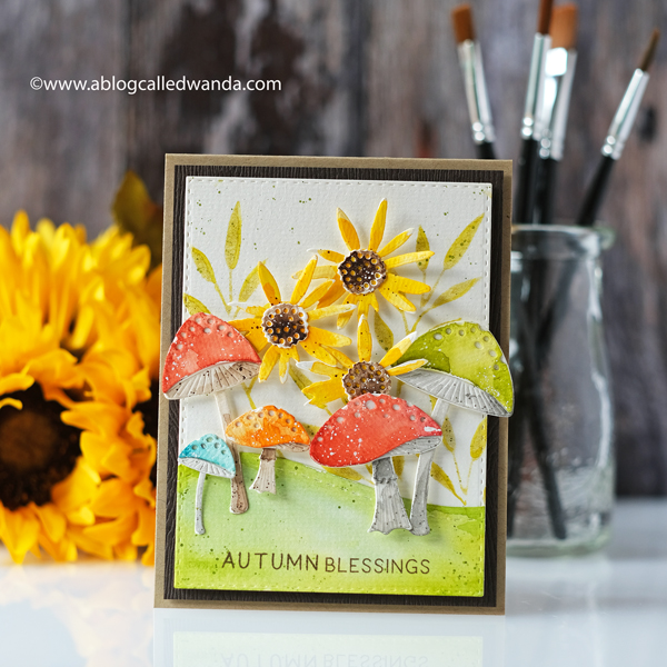 The Greetery new release fall 2020. Gathered Blessings Release. Toadstool Garden dies, botanicuts, sunflower dies, watercolor card ideas, Mijello water colors, card layouts, mushrooms dies, die cuts, Wanda Guess