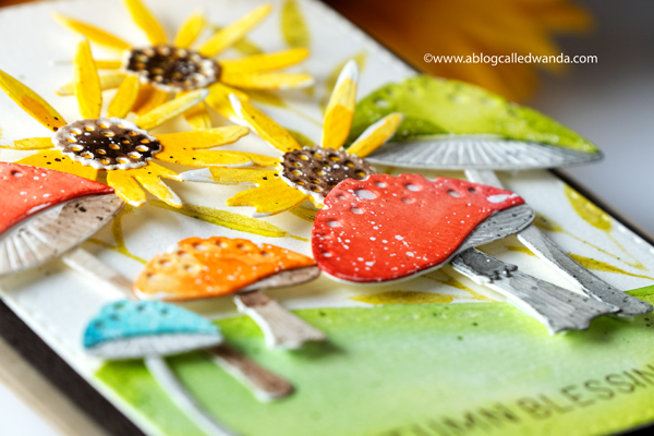 The Greetery new release fall 2020. Gathered Blessings Release. Toadstool Garden dies, botanicuts, sunflower dies, watercolor card ideas, Mijello water colors, card layouts, mushrooms dies, die cuts, Wanda Guess