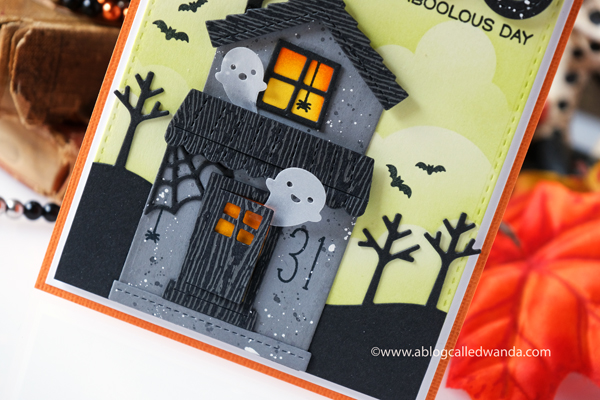 MFT rolling cloud stencil, Lawn Fawn Build A House Die, Lawn Fawn build a house halloween add on, Lawn Fawn stitched trees border, Lawn Fawn Violet ABC's, Lawn Fawn Oliver's stitched dies, Lawn Fawn Tiny Halloween, Distress inks, blender brushes, halloween card ideas, die cuts, cute halloween card, ghosts, handmade cards, cloud stencils, card ideas, wanda guess, a blog called wanda
