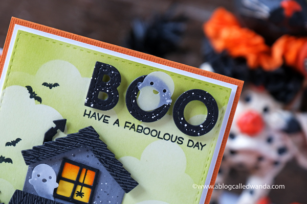 MFT rolling cloud stencil, Lawn Fawn Build A House Die, Lawn Fawn build a house halloween add on, Lawn Fawn stitched trees border, Lawn Fawn Violet ABC's, Lawn Fawn Oliver's stitched dies, Lawn Fawn Tiny Halloween, Distress inks, blender brushes, halloween card ideas, die cuts, cute halloween card, ghosts, handmade cards, cloud stencils, card ideas, wanda guess, a blog called wanda