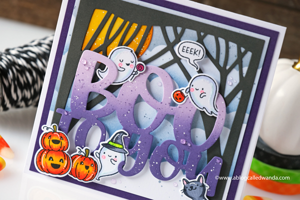 hello bluebird, hello bluebird stamps and dies, frightful little bits, hey boo, trees, dies, halloween card, card ideas, handmade, copics, ink blending, distress inks, stickles, ghosts, stamps, wanda guess, a blog called wanda