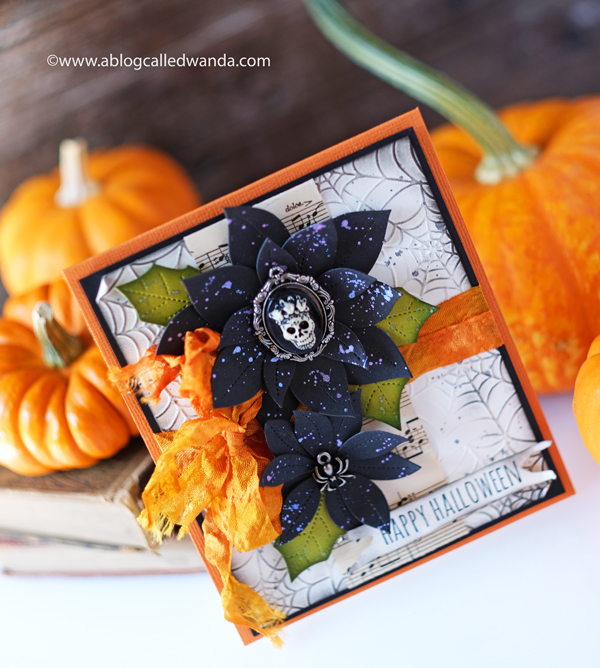Halloween card ideas. Pretty Pink Posh, Tim Holtz, Distress Inks, Webs embossing folder, Taylored Expressions, Hand dyed ribbon, Halloween charms. Wanda Guess
