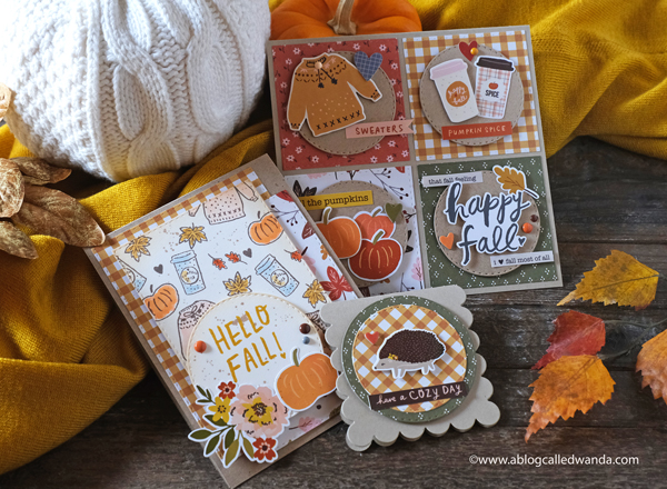 Simple Stories Cozy Days paper collection. Cards made with patterned paper and stamps. Fall and Autumn Card Ideas. Wanda Guess