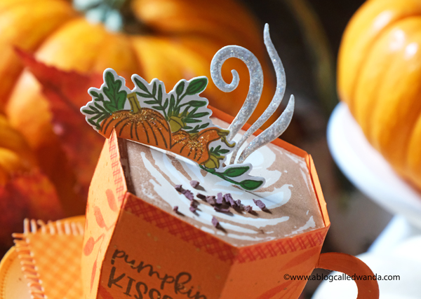 The Greetery Hug in a Mug stamps and dies. 3D coffee cup dies, Treat ideas, Fall crafting, pumpkin spice latte, paper crafting, stamping, treat favors and boxes. Thanksgiving and Autumn. Wanda Guess