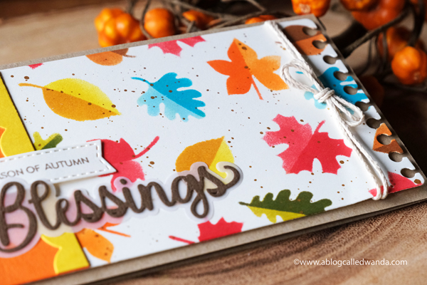 Photoplay Paper Say it with Stamps! Stamps and dies. Slimline card ideas. Fall Cards. Leaf Stencils. Blessings card. Thanksgiving, Autumn. DIY Crafts. Wanda Guess