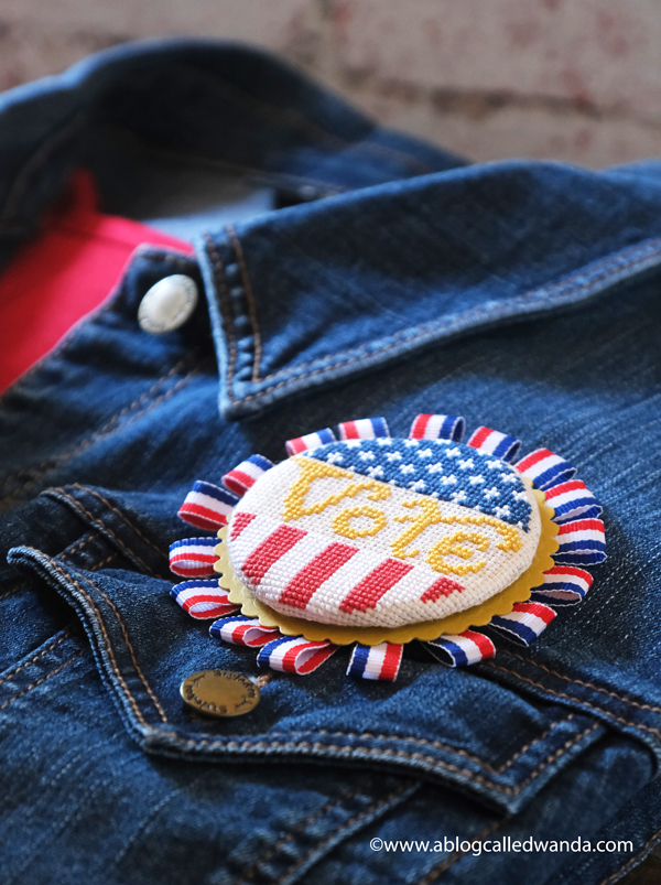 cross stitching, cross stitch, summer house stitche workes, stitched modern, sister suffragette pattern, voting pin, vote cross stitch, handmade pin, rock the vote, easy cross stitch, wanda guess