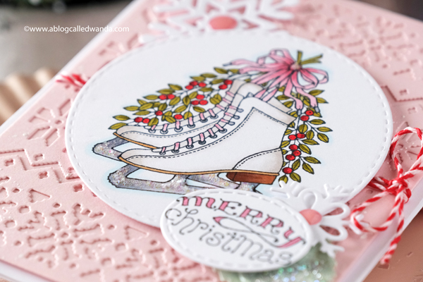 pink ink stamps ice skates, christmas card, taylored expressions sweater weather cutting plate, taylored expressions snowflakes, christmas card, stamping, copics, card ideas, handmade cards, snowflake dies, pink christmas cards, card layout, wanda guess, a blog called wanda
