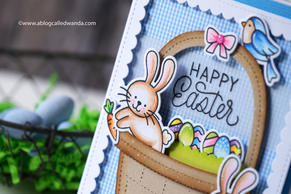 pretty pink posh, pretty pink posh new release, easter, spring, easter basket die, bunnies, watercolor, embossing, happy easter die, easter card ideas, copics, scallop frames, mijello, gingham, vellum, ppp instagram hop, wanda guess, a blog called wanda