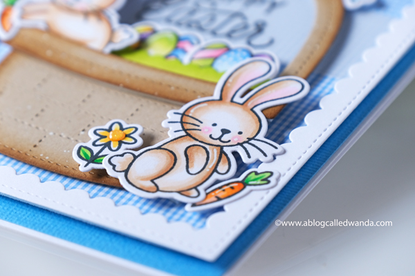 pretty pink posh, pretty pink posh new release, easter, spring, easter basket die, bunnies, watercolor, embossing, happy easter die, easter card ideas, copics, scallop frames, mijello, gingham, vellum, ppp instagram hop, wanda guess, a blog called wanda