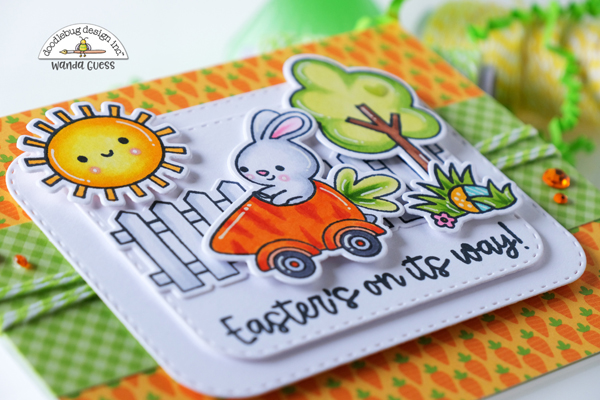 Doodlebug, Doodlebug stamps and dies, Doodlebug hippity hoppity, easter, easter cards, copics, plaid, gingham, spring, card layout ideas, Doodlebug papers, wanda guess, a blog called wanda