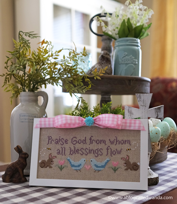 cross stitching, cross stitch, counted cross stitch, easter, spring, home decor for easter, spring doxology by rabbit valley studio, rabbit valley studio cross stitch, bunnies, faith, wanda guess, a blog called wanda