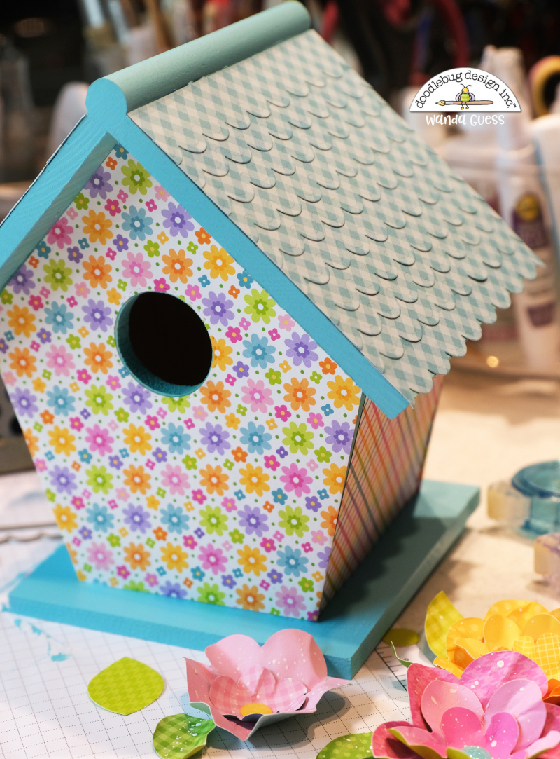 Doodlebug, Doodlebug paper, Doodlebug Fairy Garden Collection, Doodlebug stamps and dies, Decorate birdhouse with paper, diy birdhouse, wanda guess, a blog called wanda