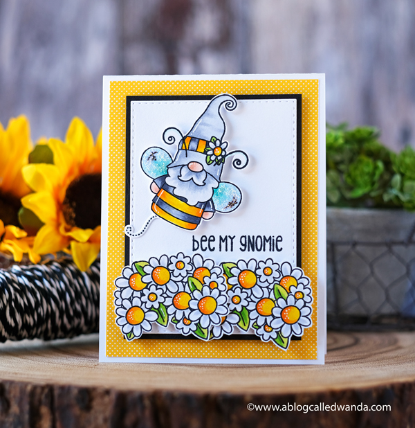 Jaded Blossom Stamps, Jaded Blossom Buzzing with my gnomies, gnome, stamps, dies, flowers, spring, bee, card layout, copic markers, card ideas, wanda guess, a blog called wanda