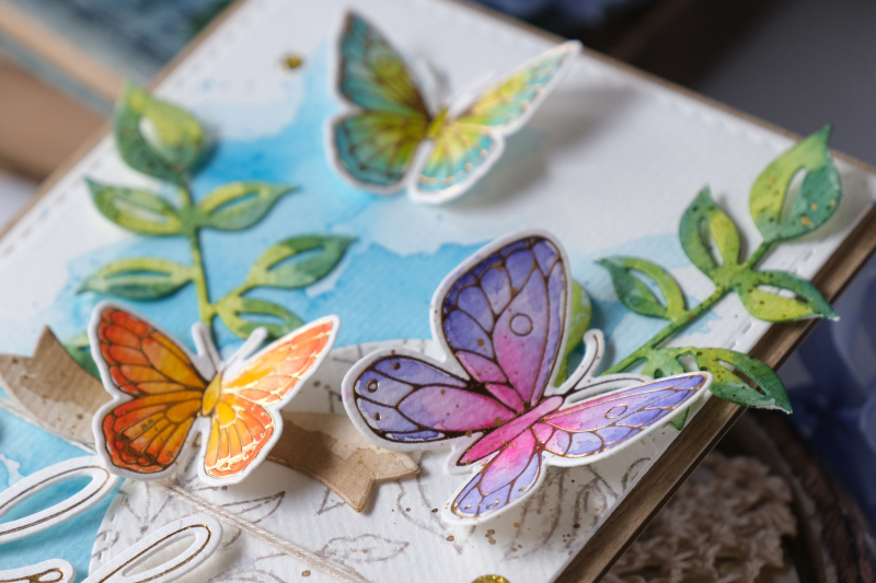 pinkfresh studio, pinkfresh studio blog hop, new release, blueberries and lemons, hot foil system, butterflies, vellum, watercolor, cards, card ideas, handmade cards, spellbinders hot foil system, mijello watercolors, leafy branch die, artistic bow die, wanda guess, a blog called wanda