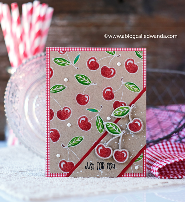 taylored expressions, card kit, te card kit, very cherry card kit, cherry stamps, stencils, die cuts, cards, polychromos on kraft, card ideas, cherry background stamp, wanda guess, a blog called wanda