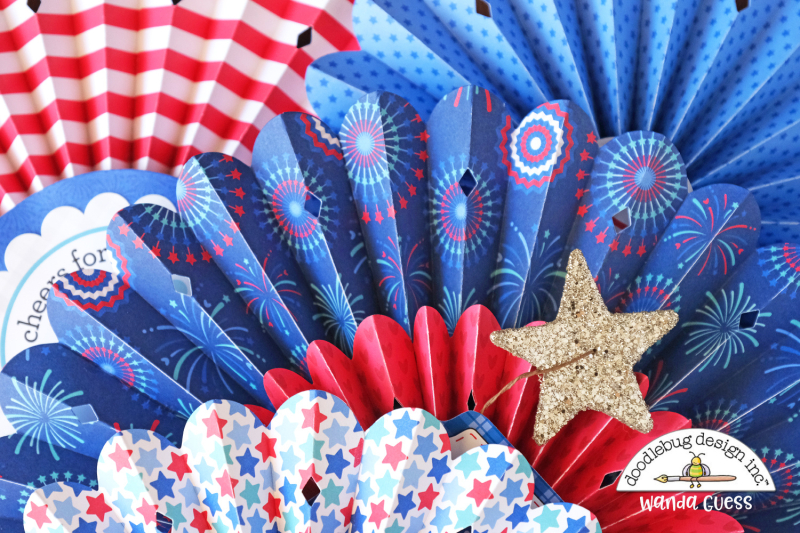 doodlebug, doodlebug papers, doodlebug land that i love collection, patriotic crafts, red white and blue, 4th of july decorations, 4th of july crafts, rosettes, sizzix medallion die, brenda walton dies, patriotic party ideas, 4th of july decor, paper rosettes, paper medallions, wanda guess, a blog called wanda