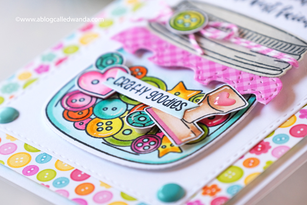 jaded blossom, jaded blossom stamps, mason jar stamps, mason jar die, add ons, crafty card ideas, mason jar cards, lawn fawn quilted background, copics, doodlebug cute and crafty paper, buttons, strawberries, crafty friends cards, card ideas, card layouts, wanda guess, a blog called wanda