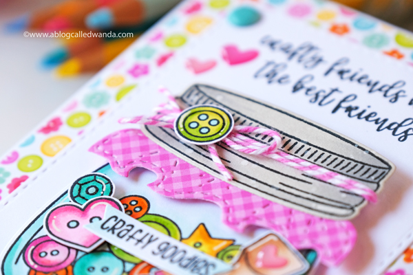 jaded blossom, jaded blossom stamps, mason jar stamps, mason jar die, add ons, crafty card ideas, mason jar cards, lawn fawn quilted background, copics, doodlebug cute and crafty paper, buttons, strawberries, crafty friends cards, card ideas, card layouts, wanda guess, a blog called wanda