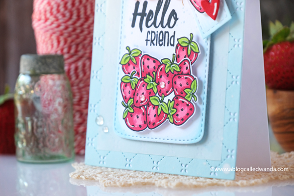 jaded blossom, jaded blossom stamps, mason jar stamps, mason jar die, add ons, crafty card ideas, mason jar cards, lawn fawn quilted background, copics, doodlebug cute and crafty paper, buttons, strawberries, crafty friends cards, card ideas, card layouts, wanda guess, a blog called wanda