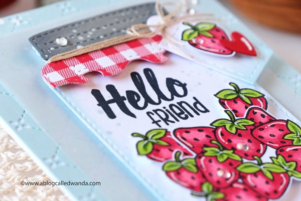 jaded blossom, jaded blossom stamps, mason jar stamps, mason jar die, add ons, crafty card ideas, mason jar cards, lawn fawn quilted background, copics, doodlebug cute and crafty paper, buttons, strawberries, crafty friends cards, card ideas, card layouts, wanda guess, a blog called wanda