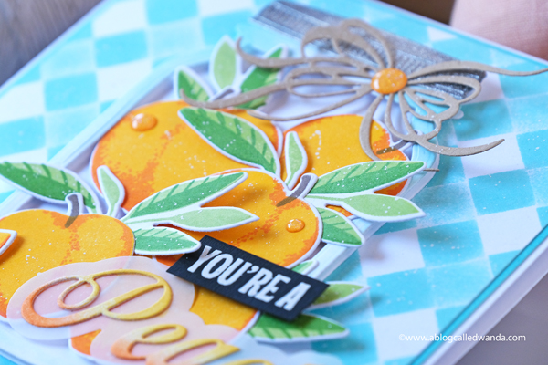 The Greetery, The Greetery Blog, The Greetery Inspiration Friday, TGIF, Wanda Guess, The Greetery Just Peachy, Peachy Keen, Stencils, Square Dance Stencils, The Greetery Jumbo Jar, The Greetery fit to be tied bow dies, mason jar card ideas, Summery Card, Vellum, Gingham, Peaches stamps and dies, A blog called wanda