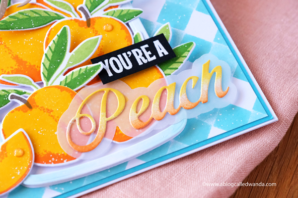 The Greetery, The Greetery Blog, The Greetery Inspiration Friday, TGIF, Wanda Guess, The Greetery Just Peachy, Peachy Keen, Stencils, Square Dance Stencils, The Greetery Jumbo Jar, The Greetery fit to be tied bow dies, mason jar card ideas, Summery Card, Vellum, Gingham, Peaches stamps and dies, A blog called wanda