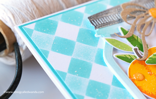 The Greetery, The Greetery Blog, The Greetery Inspiration Friday, TGIF, Wanda Guess, The Greetery Just Peachy, Peachy Keen, Stencils, Square Dance Stencils, The Greetery Jumbo Jar, The Greetery fit to be tied bow dies, mason jar card ideas, Summery Card, Vellum, Gingham, Peaches stamps and dies, A blog called wanda