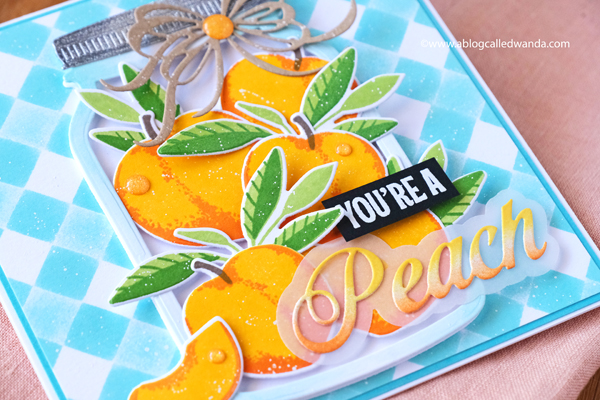 The Greetery, The Greetery Blog, The Greetery Inspiration Friday, TGIF, Wanda Guess, The Greetery Just Peachy, Peachy Keen, Stencils, Square Dance Stencils, The Greetery Jumbo Jar, The Greetery fit to be tied bow dies, mason jar card ideas, Summery Card, Vellum, Gingham, Peaches stamps and dies, A blog called wanda