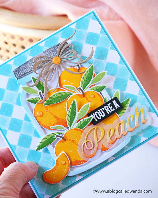 The Greetery, The Greetery Blog, The Greetery Inspiration Friday, TGIF, Wanda Guess, The Greetery Just Peachy, Peachy Keen, Stencils, Square Dance Stencils, The Greetery Jumbo Jar, The Greetery fit to be tied bow dies, mason jar card ideas, Summery Card, Vellum, Gingham, Peaches stamps and dies, A blog called wanda