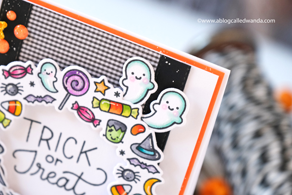 pretty pink posh, pretty pink posh blog hop, pretty pink posh new release, pretty pink posh halloween, boo stamp set, halloween wreath, halloween pals, copics, halloween card, make your own halloween card, treats, card ideas, markers, wanda guess, a blog called wanda
