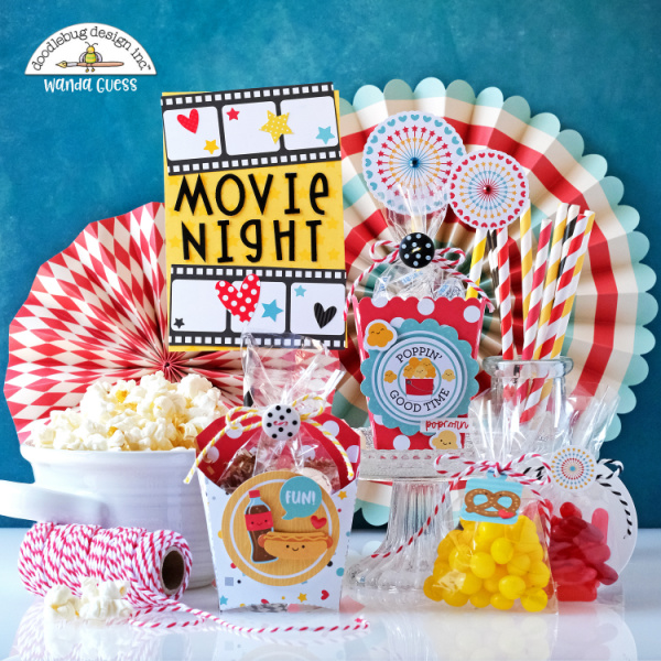 doodlebug, doodlebug design, doodlebug paper, doodlebug fun at the park, fun at the park collection, disney scrapbooking, disney paper, movie night party ideas, movie night treats, popcorn box die, fry box die, diy, crafty ideas, scrapbooking, fun crafts for kids, wanda guess, a blog called wanda