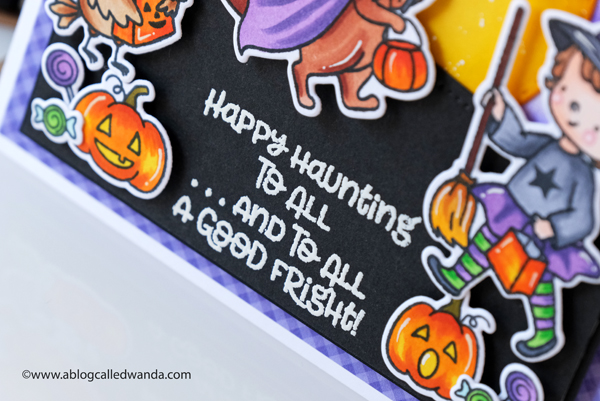 hello bluebird, hello bluebird stamps, halloween, Fall, ink blending, copic markers, halloween card, card ideas, handmade, mft cloud stencil, ink blended clouds, boo crew, little haunters, gingham, wanda guess, a blog called wanda