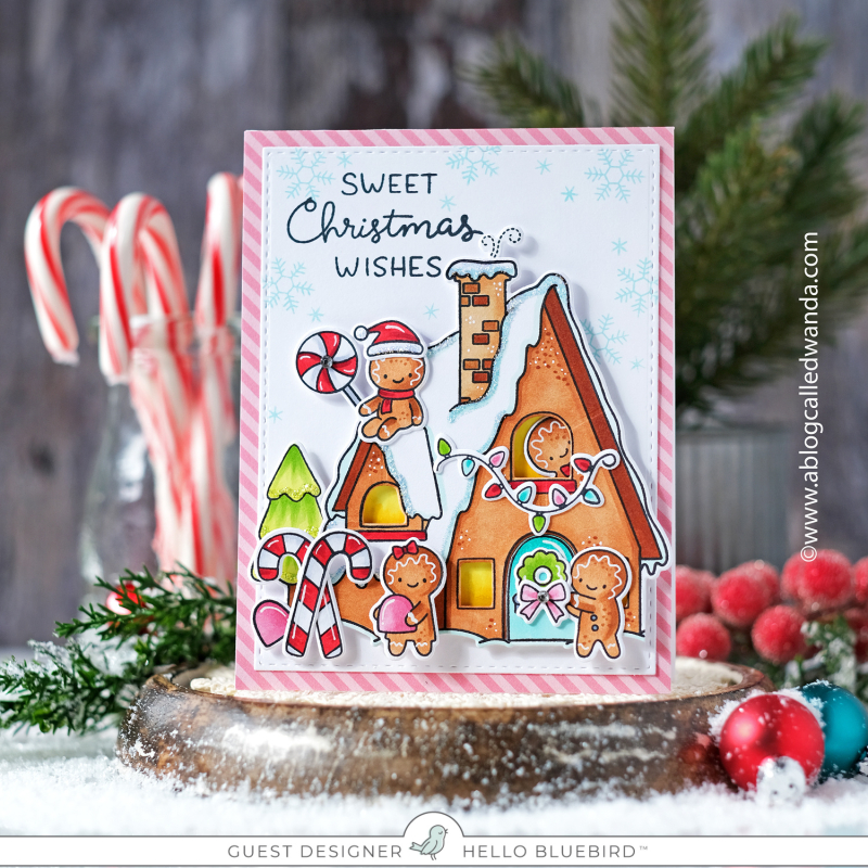 Hello Bluebird stamps, hello bluebird stamps and dies, winter, christmas, gnomes, gingerbread house, gingerbread man, copic markers, holiday, skating, slimline card, winter skate stamp set, sweet christmas stamp set, gnome for the holidays stamp set, ovals dies, distress ink blending, card ideas, handmade christmas cards, plaid, stripes, wanda guess, a blog called wanda