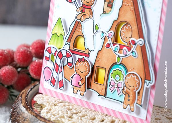 Hello Bluebird stamps, hello bluebird stamps and dies, winter, christmas, gnomes, gingerbread house, gingerbread man, copic markers, holiday, skating, slimline card, winter skate stamp set, sweet christmas stamp set, gnome for the holidays stamp set, ovals dies, distress ink blending, card ideas, handmade christmas cards, plaid, stripes, wanda guess, a blog called wanda