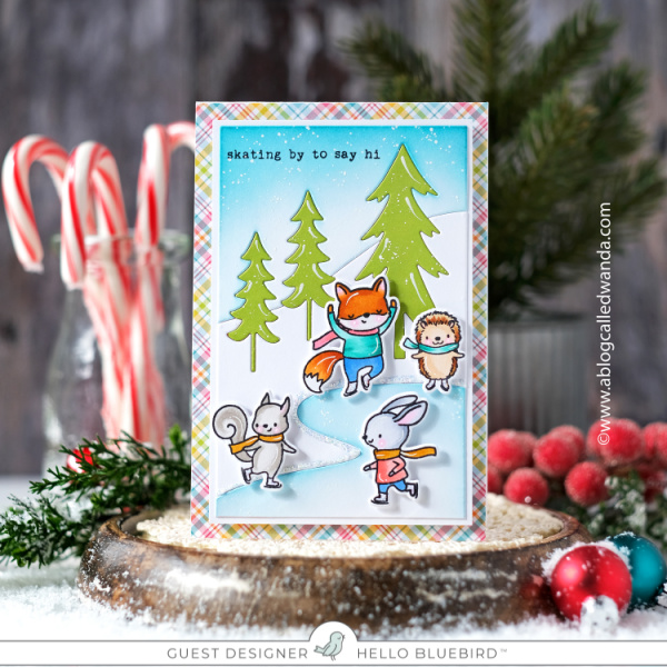 Hello Bluebird stamps, hello bluebird stamps and dies, winter, christmas, gnomes, gingerbread house, gingerbread man, copic markers, holiday, skating, slimline card, winter skate stamp set, sweet christmas stamp set, gnome for the holidays stamp set, ovals dies, distress ink blending, card ideas, handmade christmas cards, plaid, stripes, wanda guess, a blog called wanda