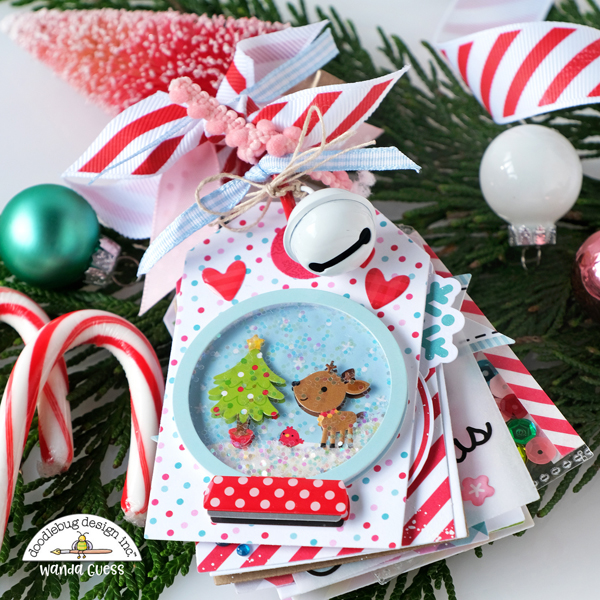 doodlebug design, doodlebug let it snow collection, doodlebug paper, doodlebug christmas, winter, christmas card, christmas tags, flip tag, flip tag ideas, scrapbooking, handmade holiday ideas, mini scrapbook, snowman, santa, tag dies, wanda guess, a blog called wanda